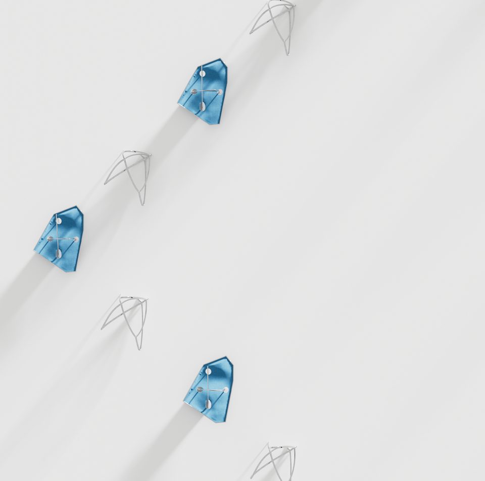 close-up of reflective, shimmering blue glass surfaces between chrome-colored frame structures